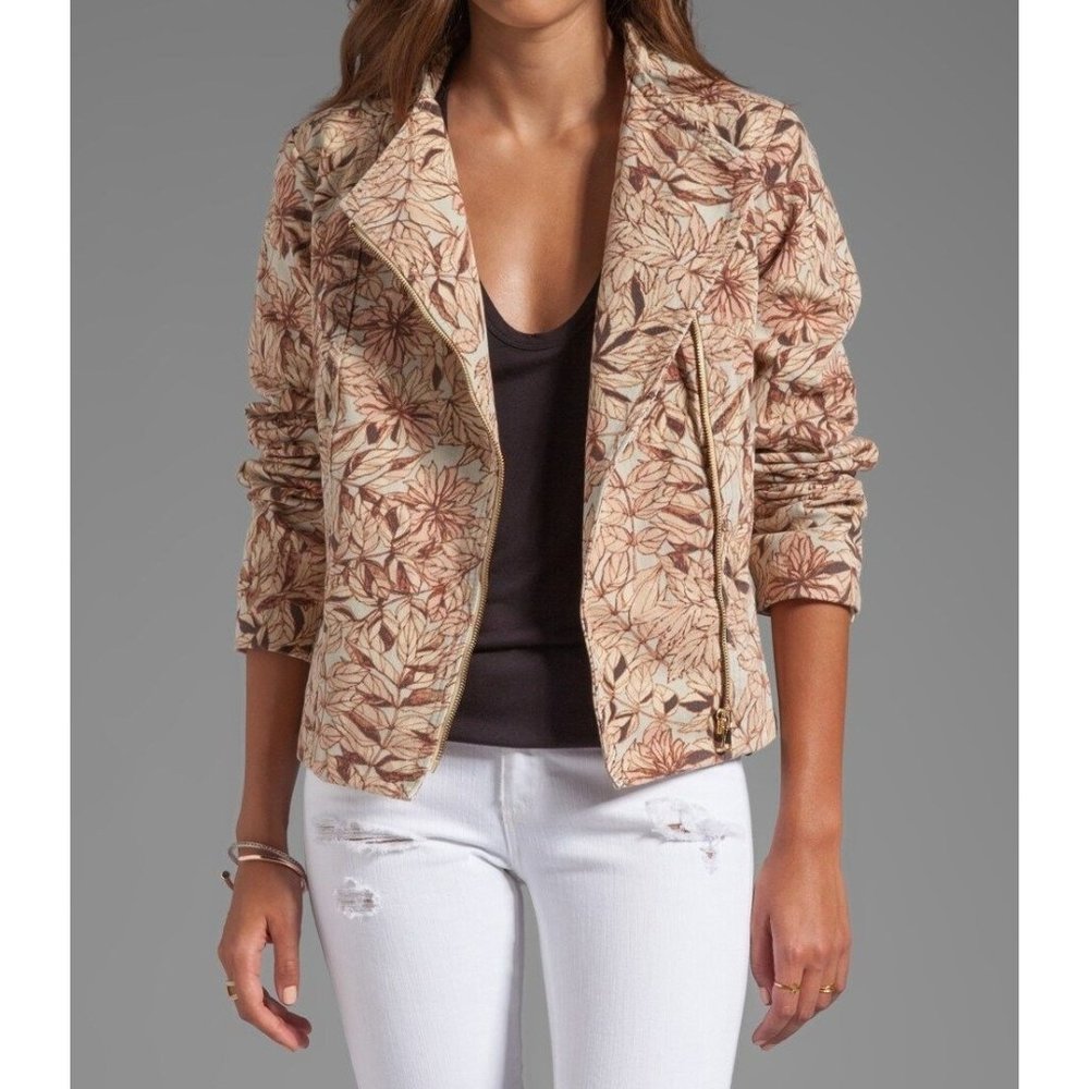 See By Chloe NWT Denim Jacket Floral Zip Brown Pink Bomber 8